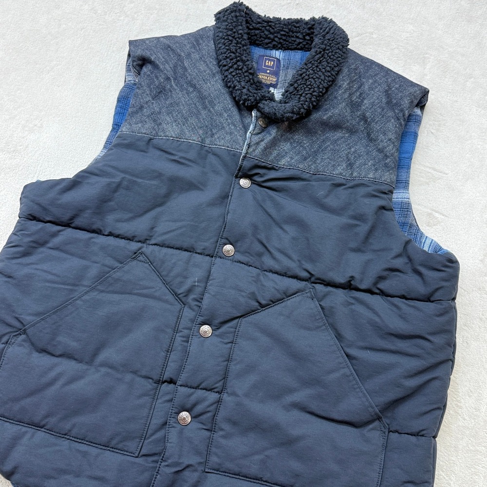 Gap Pendleton Puffer Vest Mens XL Navy Blue Denim Yoke Sherpa Collar Plaid Lined